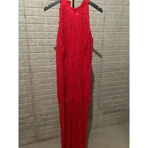 PEEKSKILL Red Sequin Halter Jumpsuit Women's Size L